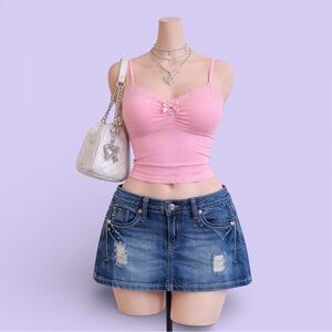 Be Beau Y2K Distressed Studded Denim Mini Skirt Low Rise Size 10